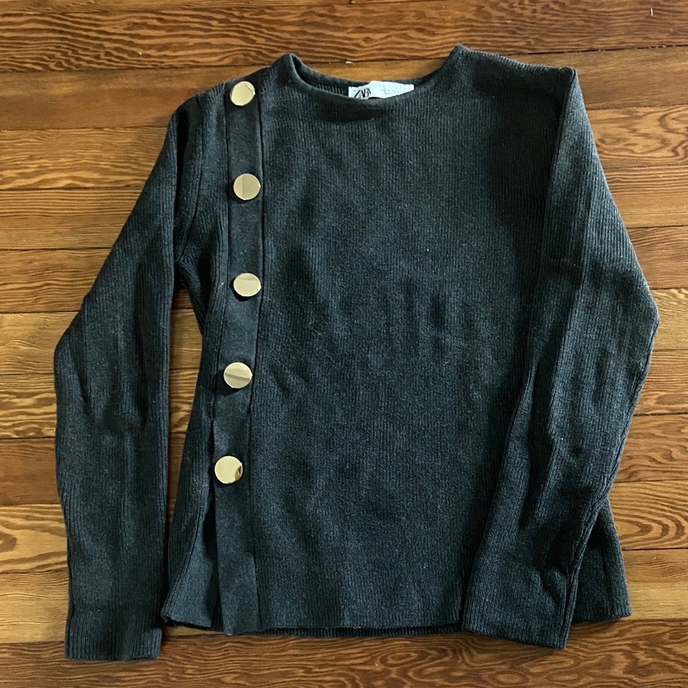 Zara Charcoal Sweater with Gold Button Accents